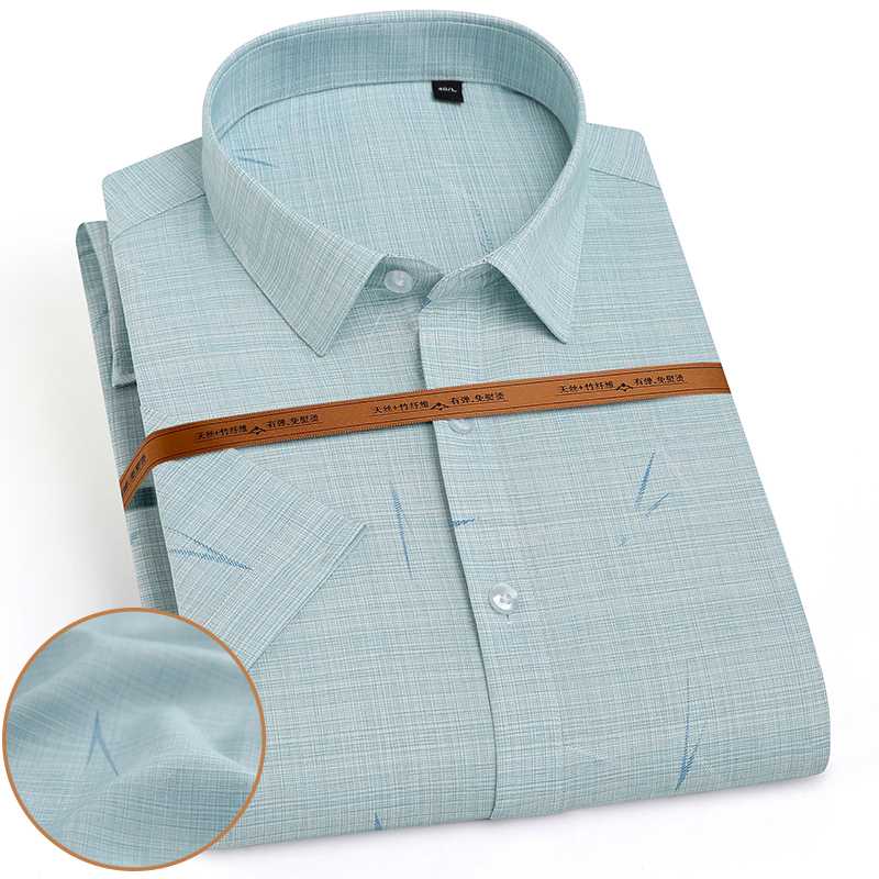 

Summer Bamboo Fiber Men's Elastic Short Sleeve Dobby Dress Shirt Soft Comfortable Regular Fit Print Casual Shirts for Man, D8110-10