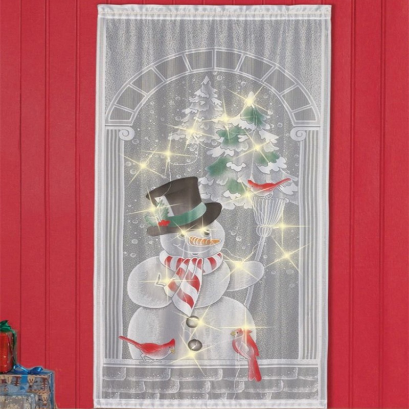 

Curtain LED Lighted Snowman Lace Curtain Rod Pocket Window Treatment Panel Holiday Decorations 40"W x 84"L, White