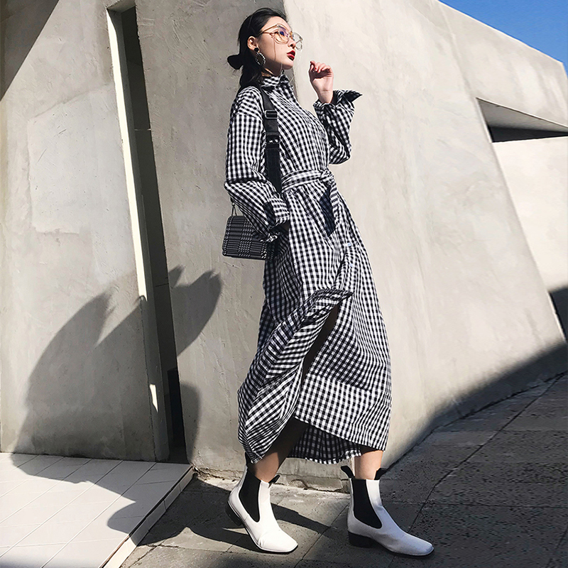 

new arrival high quality women fashion plaid loose a-line trench coat professional temperament outdoor warm cute long trench, Black
