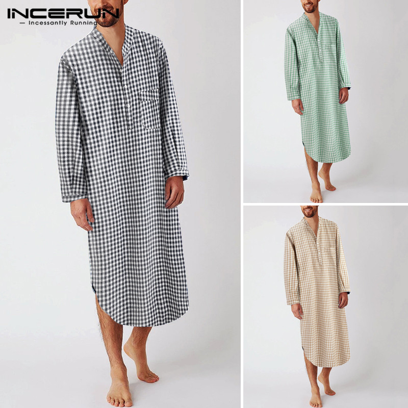 

INCERUN Men Leisure Plaid Sleep Robes Long Sleeve Stand Collar Casual Bathrobes Lattice Breathable Nightgown Homewear Plus Size, Khaki
