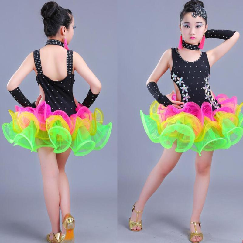 

Children Jazz Latin Dance wear Costumes Girls Sequined Ballroom Dancing dress Kids Performance salsa Latin dance Outfits, As shown