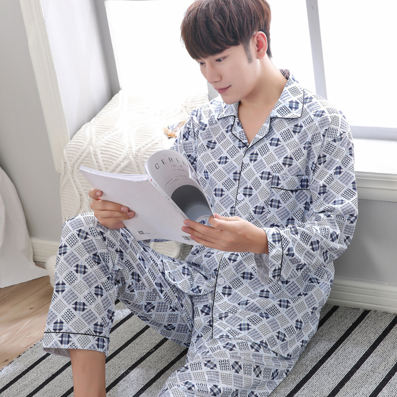 

Men Pyjama Set Cotton Spring Long Sleeve Plaid Men Pajama Suit Spring Nightwear Pijama Male Sleepwear Two Piece XXXL, 8-5