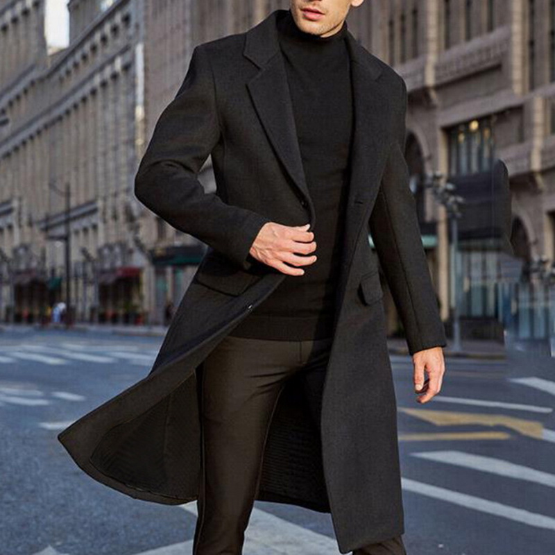 

2020 New Men Winter Solid Color Jacket Fashion Single Breasted Casual Long Coat Men Clothes Lapel Windbreaker, Gray