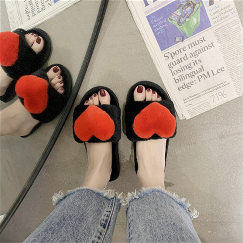 

Women Home Slippers Heart-Shaped Winter Warm Shoes Woman Slip on Flats Slides Female Faux Fur Slippers Casual, White
