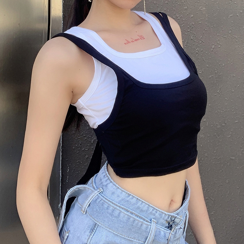 

Sexy Fake Two Piece Vest Tops Women O Neck Sleeveless Off Shoulder Tank For Female Fashion Clothing 2020 Autumn Crop Tops, Black