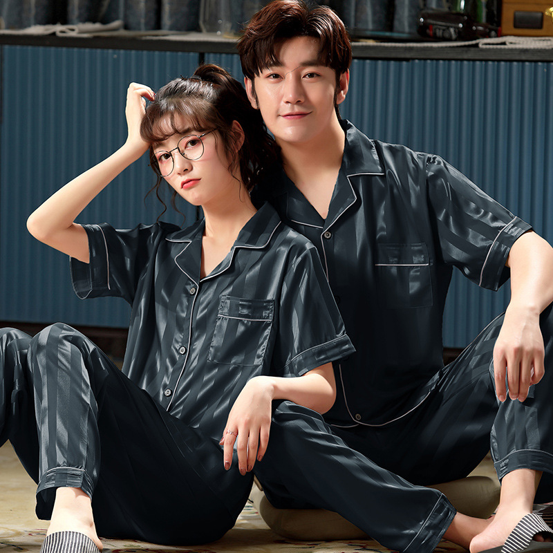 

Satin Striped Nightwear 2PCS Pajamas Set Lovers Sleepwear Kimono Gown Silky Men Nightgown Pyjamas Casual Home Clothes Bathrobe, Champagne