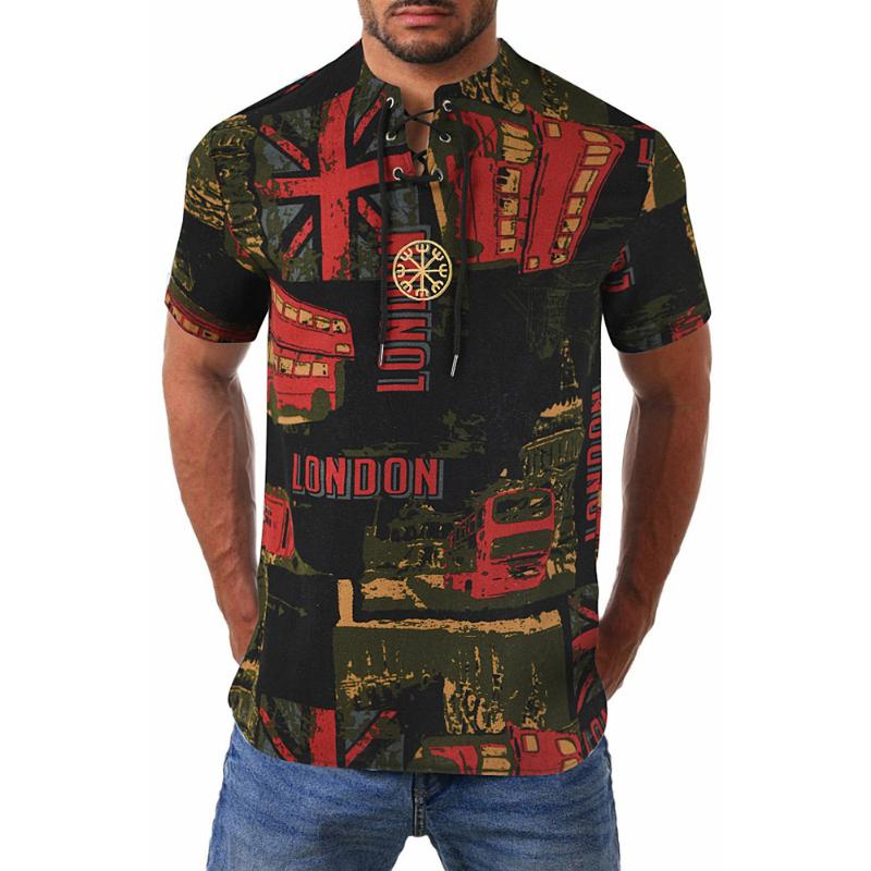 

Men's Blouse Summer Clothing Casual Shirt Lace Up Tops Short Sleeve V-neck Pullover Ethnic Printed Fashion 2020 New Male