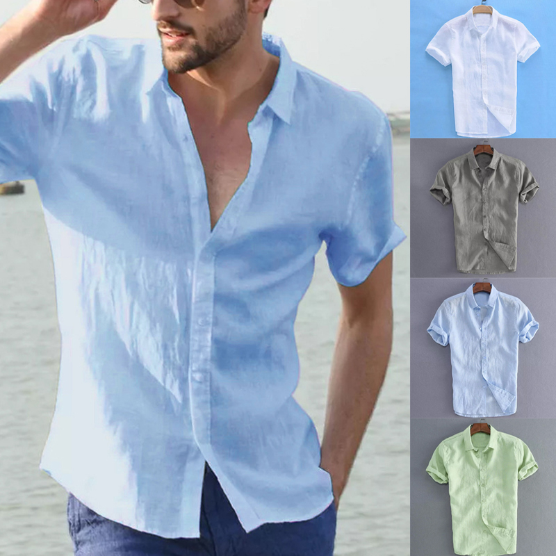 

Male Casual Linen Shirts Pure Color Pullover Short Sleeve Clothes Youth Button Down Collar V-Neck Men' Summer Loose Shirt Tops, Beige
