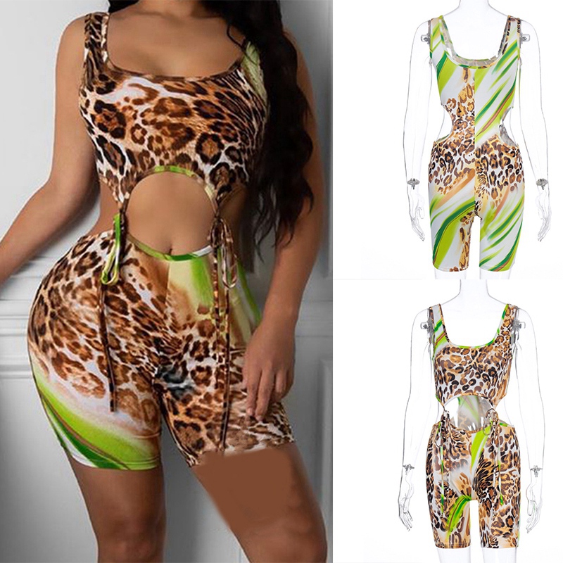 

Leopard Bandage Sexy Bodycon Rompers Women Sleeveless Hollow Out Playsuits One Piece Party Club Biker Shorts Playsuit, As pic