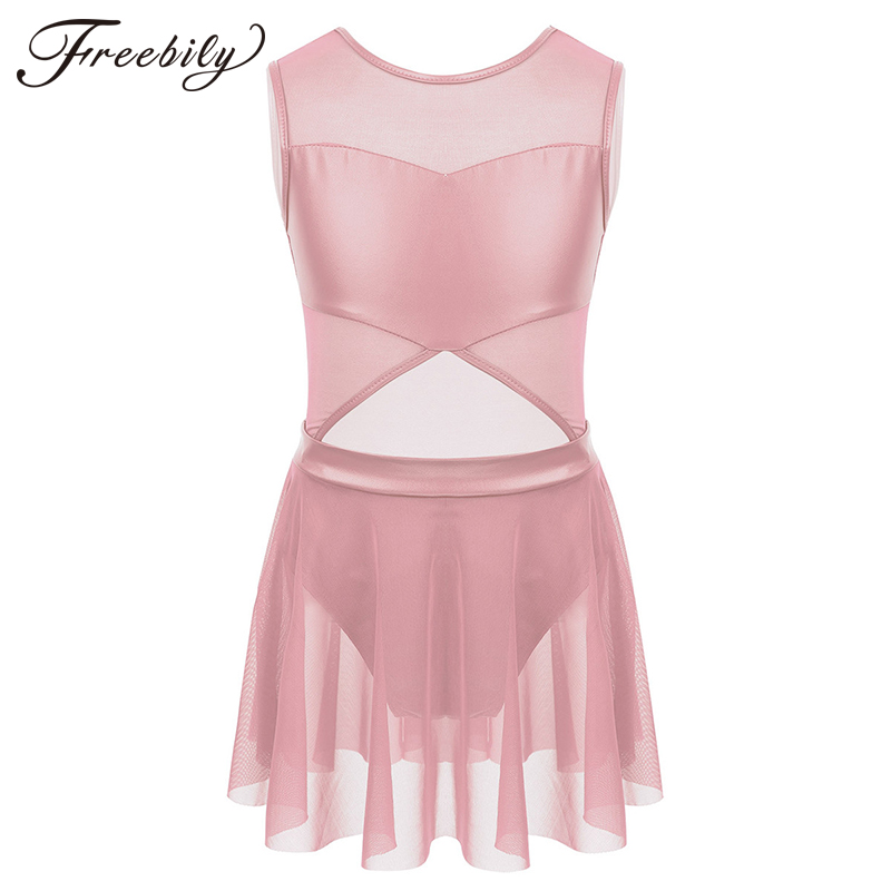 

Kids Teens Sleeveless Faux Leather Tulle Mesh Splice Ballet Dance Costume Gymnastics Leotard Girls Figure Ice Skating Dress, Blue