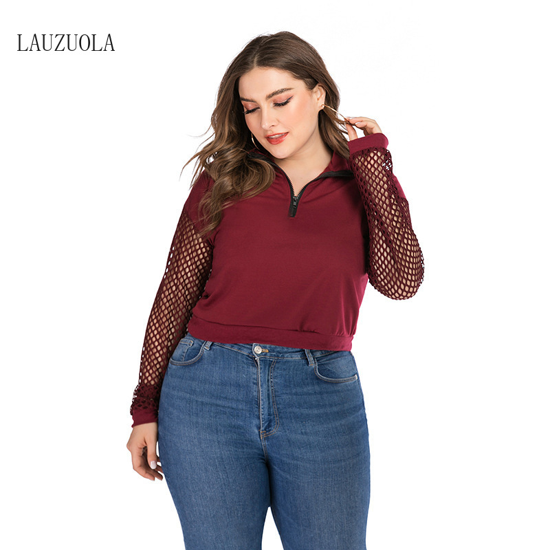 

Oversized Crewneck Sweatshirt Women Autumn Long Sleeve Fishnet Mesh Patchwork Thin Zip up Crop Top Hoodies Plus size -3XL 4XL, Burgundy