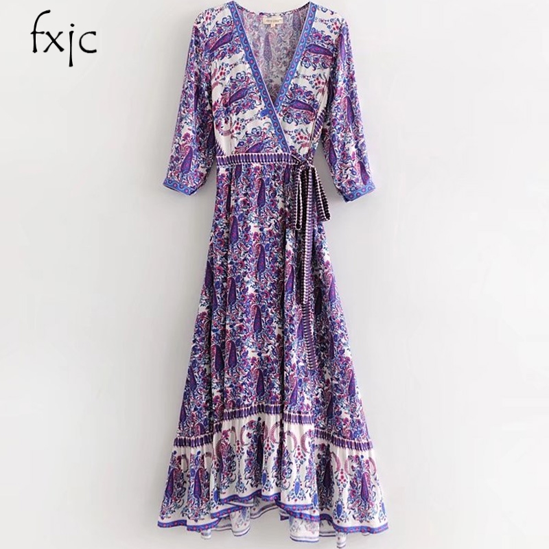 

Bohemian printed V-neck tie wrapped chest waist women dress 2020 new summer, Blue
