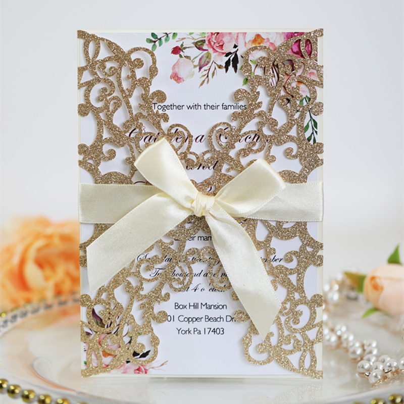 

Wedding Glitter Invitation Cards 2021 Laser Hollow Out Bowknot Rose Gold Thanksgiving Business Invitations Card By DHL Hot Selling, As shown