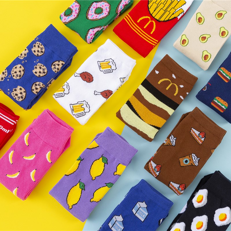 

Hot Sales Funny Socks Women Casual Cartoon Fruit Banana Avocado Lemon Egg Cookie Donuts Happy Japanese Harajuku Skateboard Socks