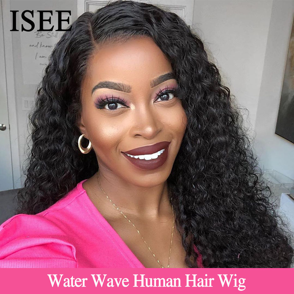 

Water Wave HD Lace Frontal Wigs For Women Pre plucked ISEE HAIR Transparent Lace Wigs 150% Malaysian Water Wave Human Hair Wigs, Black