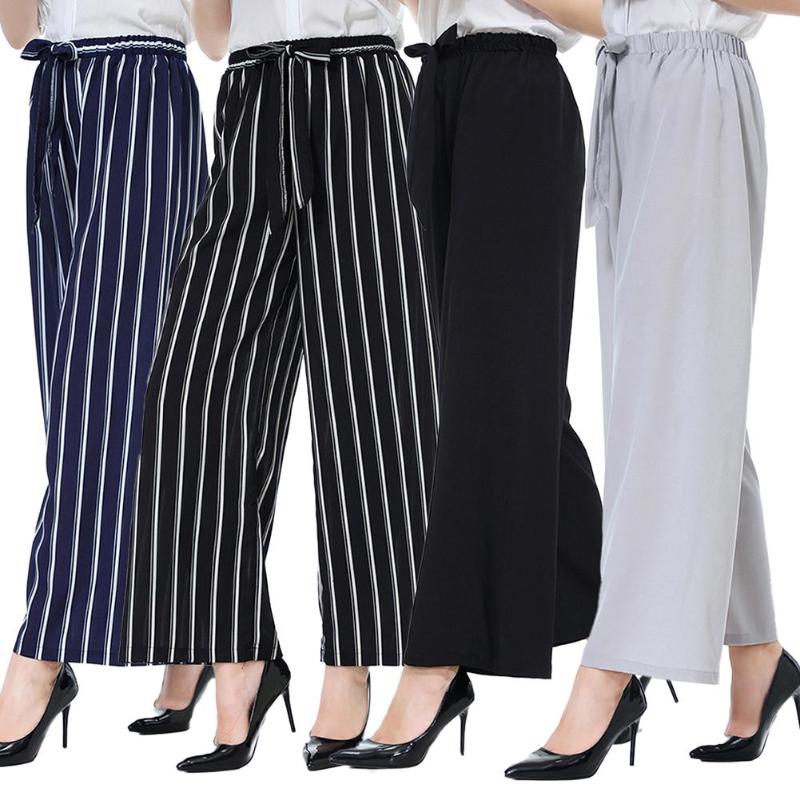 

Casual Office Women Solid Color/Striped Drawstring Wide Leg Trousers Loose Long Pants 2020 High waist striped trousers, Black