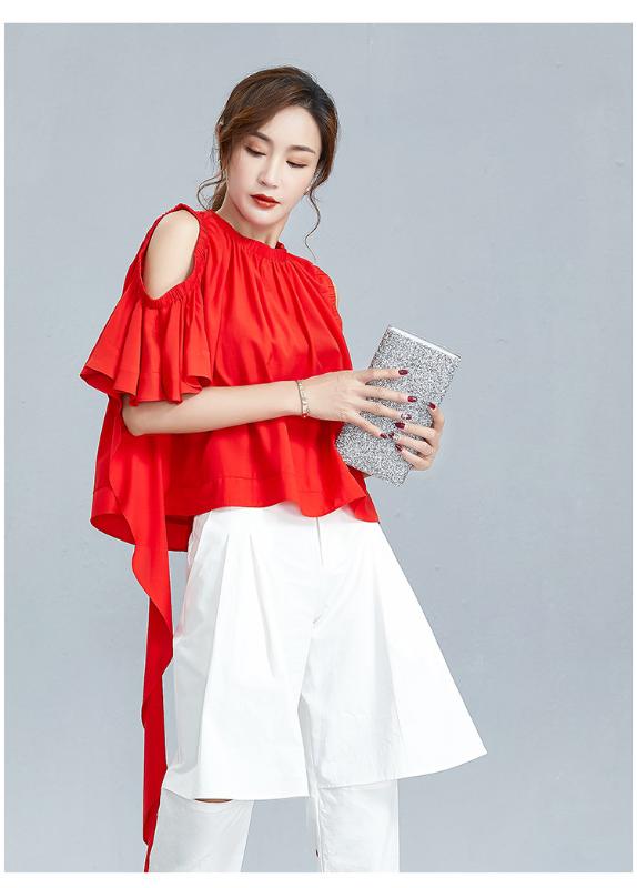 

Summer 2020 new women's clothing leakage shoulder lotus leaf sleeve pleated Chiffon five-sleeve pure-color tie blouse, Orange
