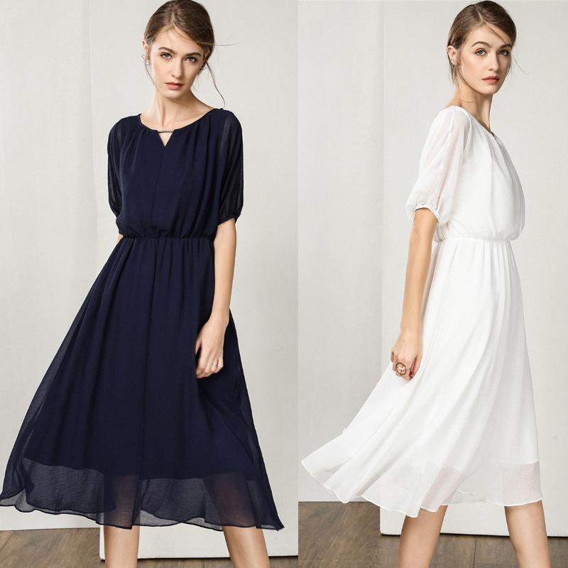 

Fashion Sexy Dresses High Waist Short Sleeve Dress Women Medi Chiffon Knee-Length A-line Loose Casual Sundress for Holiday Party, White