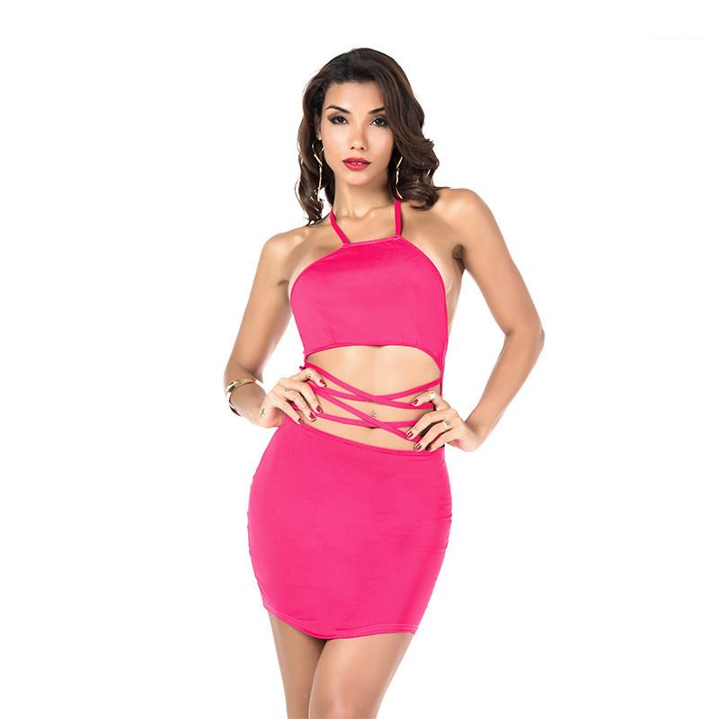 

A Line Dresses Female Sexy Bandage Solid Color Mini Dress Patchwork Halter Hollow Out Dresses Womens Desinger Backless Sleeveless Casual, Rose red