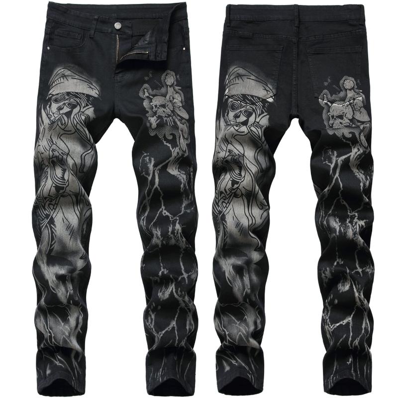 

2020 New Style Printed Jeans Men's Micro-elastic Jeans Fashion Original Pattern Design Printed Men Pants Brand Male Slim, Black