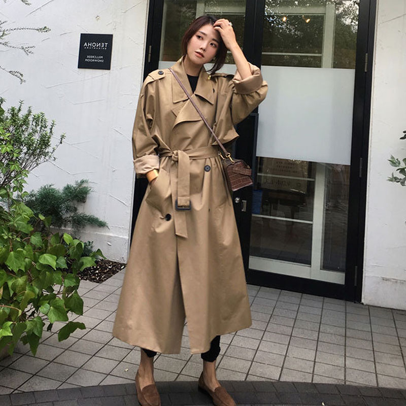 

Spring Coat Woman Fashion Loose Windbreaker Coat Long Retro Temperament Wide Bandage Design Dark Green Trench, Army green