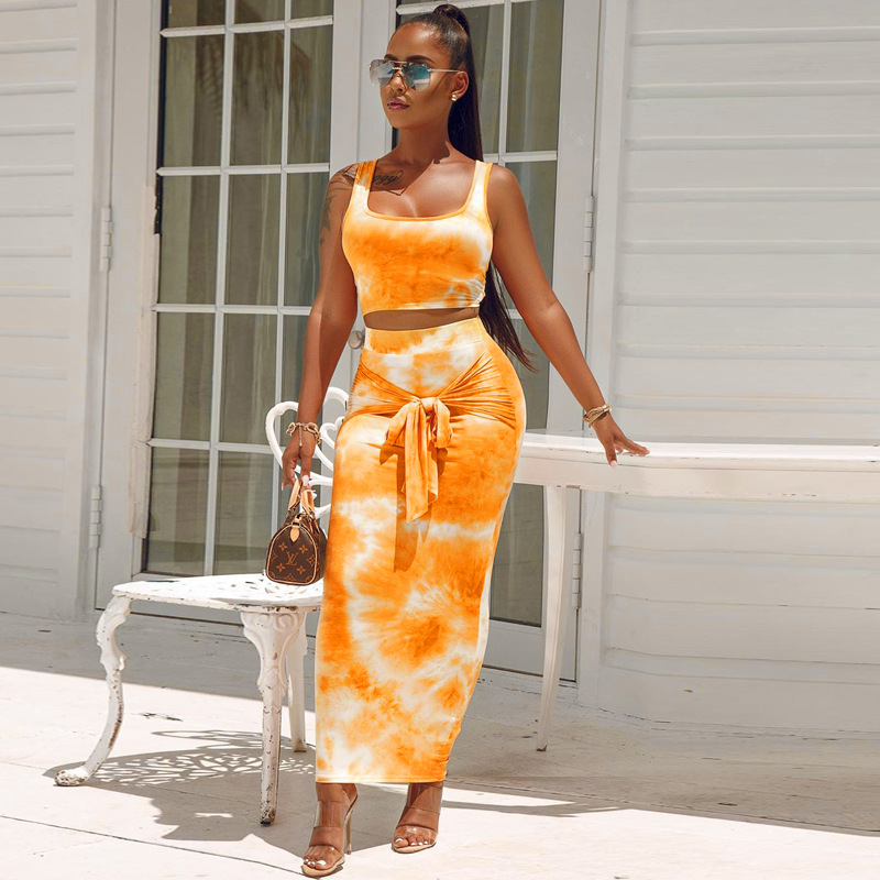 

Sexy Womens Two Piece Dress Suits Fashion Tie-dye Camisole Lace-up Bag Hip Skirt Two-piece Suit Vest + Skirt with Bow 2020 Hot Sale, Pink