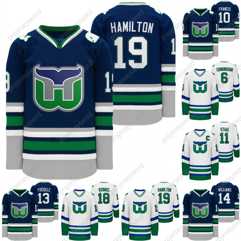 

Hartford Heritage 2020 Whalers Night Hockey Jersey Dougie Hamilton Joel Edmundson Staal Ryan Dzingel Glen Wesley Haydn Fleury Ron Francis, 14 justin williams blue