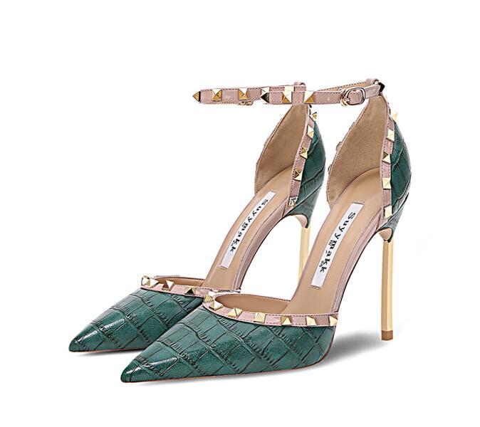 

Sexy Women Crocodile pattern high heels shoes Simplicity One word buckle pointed toe stiletto heeel sandals fashion Rivets lady dress shoes, Option picture color