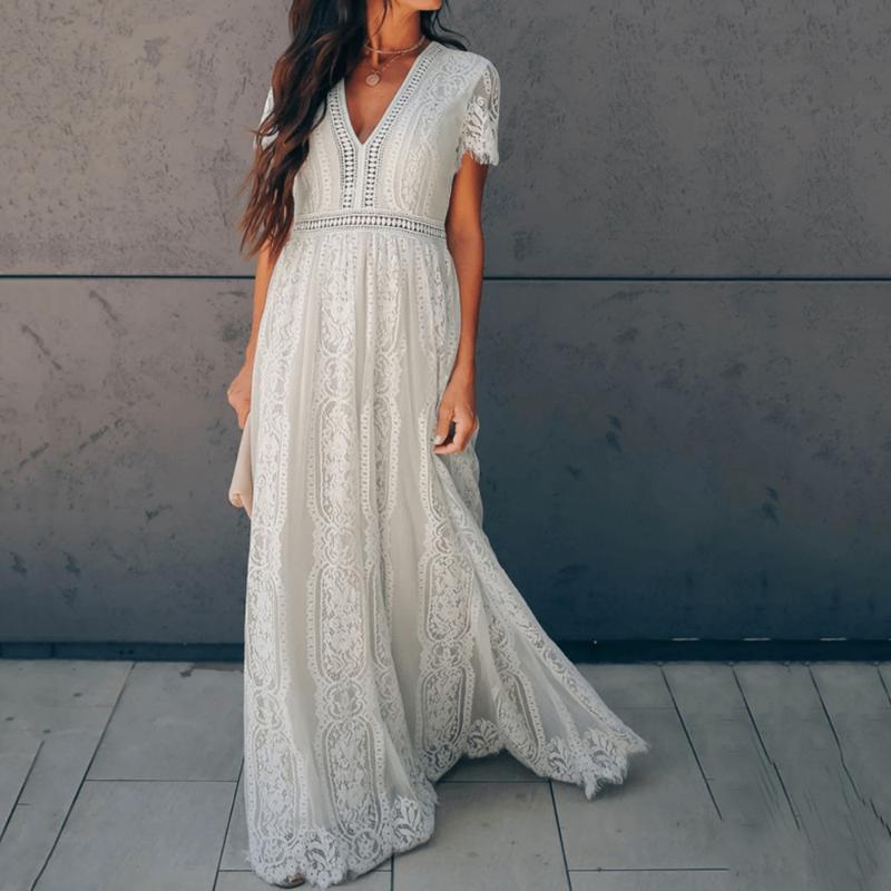 

Elegant Women Summer White Dress 2020 Sexy V Neck Hollow Out Maxi Lace Vestidos Women Pink Casual Holiday Plus Size Long Dress