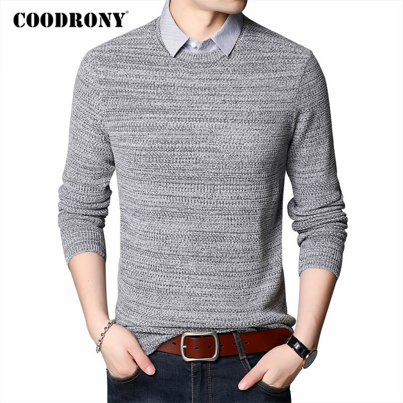 

COODRONY Sweater Men Business Casual Shirt Collar Fake Two Pieces Pull Homme Autumn Winter New Arrival Cotton Pullover Men C1113, Blue