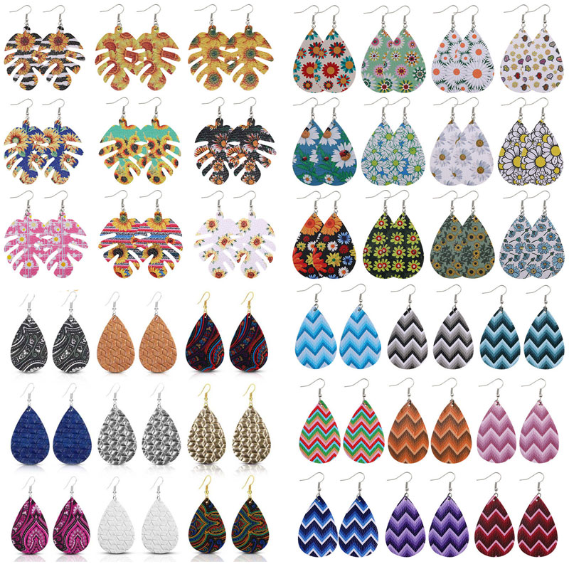 

New Fashion Multi Style Leaf Leather Earring Geomertical Colorful Dangle Jewelry Gift For Women Girls Flower Print Earrings