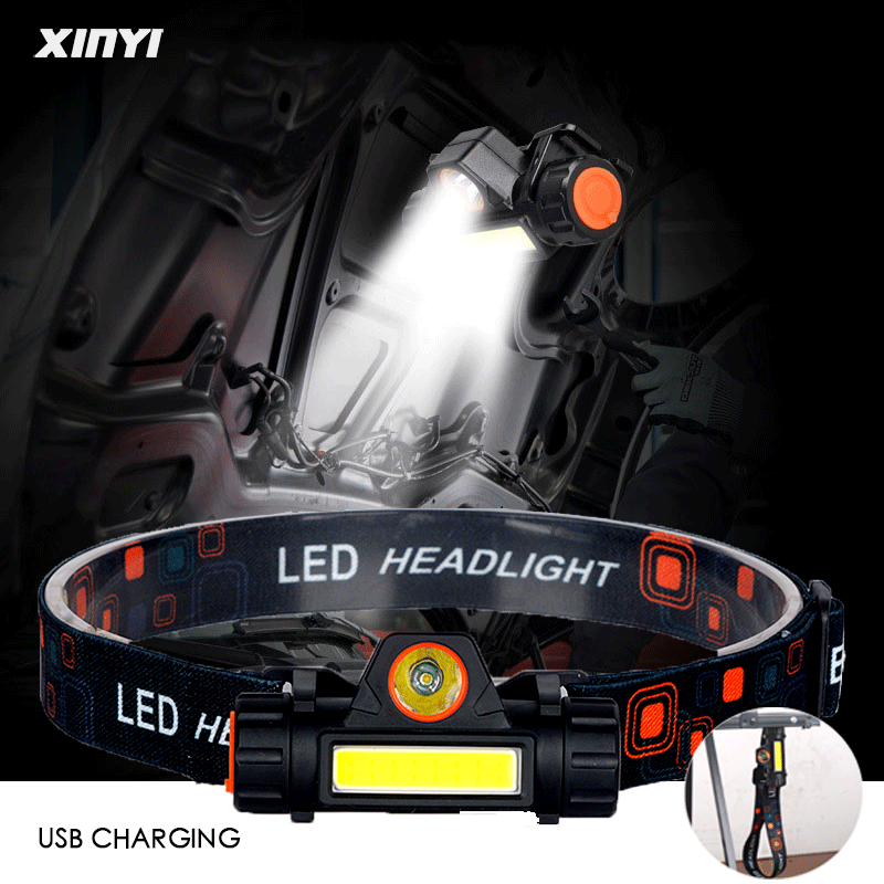 

USB Rechargeable LED Headlight Powerful XPE+COB Headlamp Head Torch IPX6 Waterproof Head Light with 1200mAh Built-in Battery