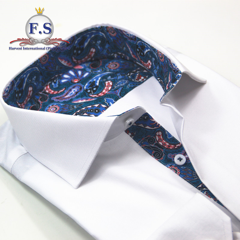 

royal oxford flower trim men dress shirt with long sleeve, easy care finish, White