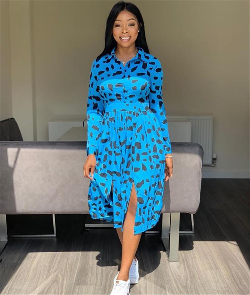 

Women Blue Leopard Printing Dress Fashion Trend Long Sleeve Cardigan Button Loose Dress Designer Female New Bohemian Casual Short Skirt