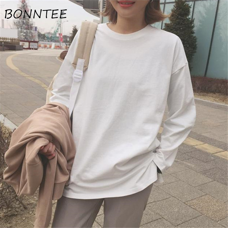 

T-shirts Long Sleeve Women Solid Loose O-Neck Tees Korean Style Chic Casual Womens T-shirt School Sweet Breathable Trendy Girls, Black
