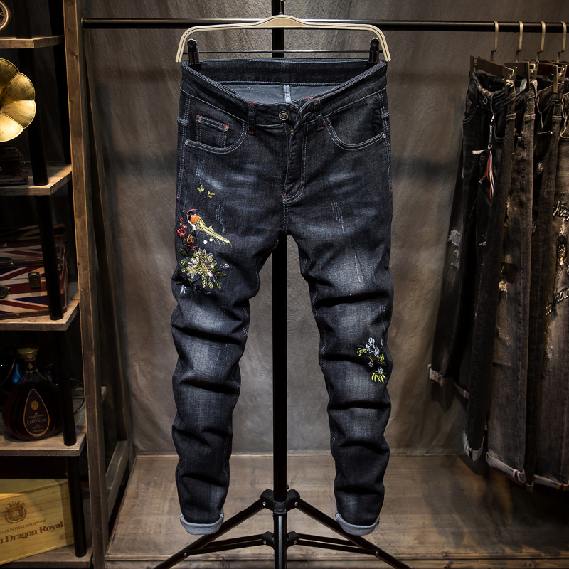 

Men's Washed jeans Large size Jeans Fashion Embroidery Ripped Skinny Pencil for Male Slim straight pants trousers, Photo color