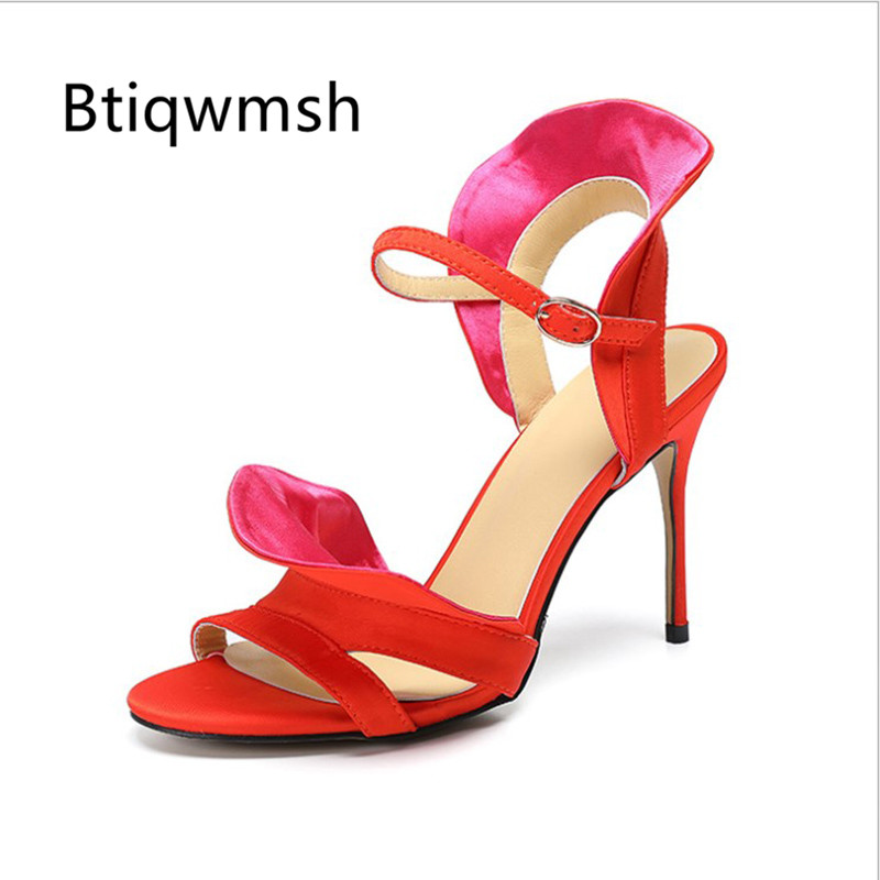 

2020 Orange Satin Sandals Woman Peep Toe Flower Ankle Strap High Heel Shoes Woman Sexy Party Shoes