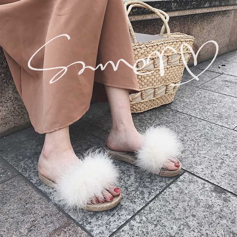 

Ostrich fur woman summer shoes fluffy feather open toe slippers fisherman slides soft heel cozy flipflops girls fur sandals new, Beige