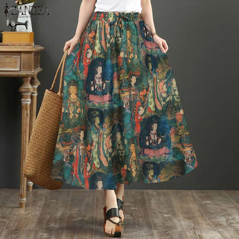 

Kaftan High Elastic Waist Skirt ZANZEA Women Summer Casual Printed Faldas Saia Ethnic Long Skirts Vestidos Robe Femme Plus Size, Green