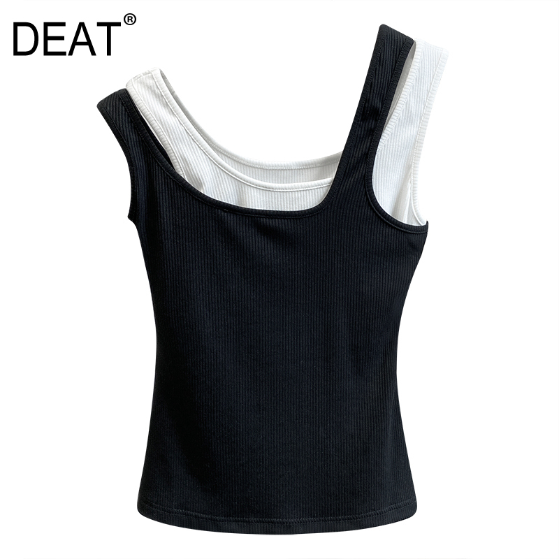 

DEAT 2020 new summer fashion women clothes round neck sleeveless black and white pullover short T-shirt female top WN17501L