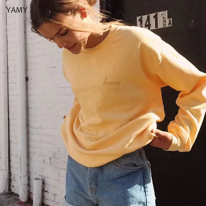 

Fall 2020 Womens Sweatshirt long sleeved honey embroidered yellow Pullover vintage cotton loose Hoodies Winter streetwear Femme