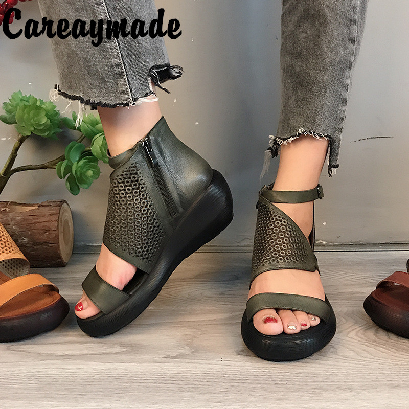 

Careaymade-New summer Genuine Leather andmade shoes thick soled sandals original hand painted wedge heel side zipper sandals, Army green