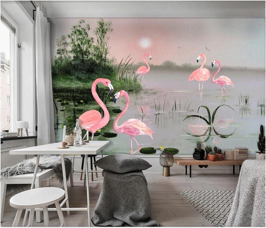 

3d wallpaper custom photo mural Modern simple small fresh lotus pond plant flamingo TV background Home interior wallpaper for walls in rolls, Non-woven fabric