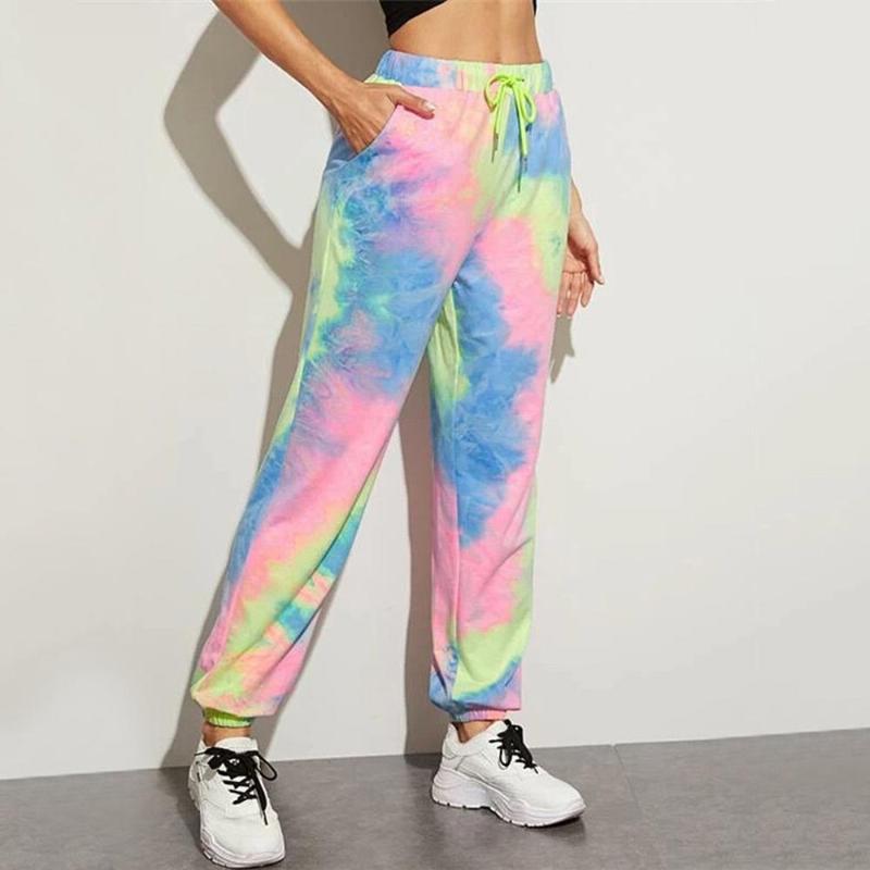 

Women Tie-Dye Printing Elastic Waist Soft Pant With Pockets Casual Sportwear Trousers Female Outdoor Running Sweatpants For 2020, Blue