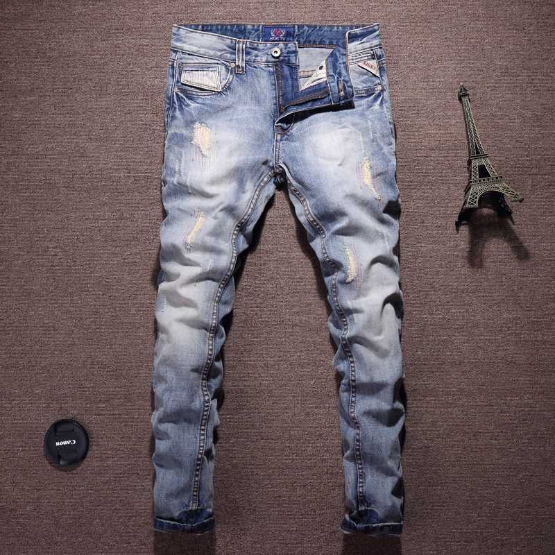 

Fashion Streetwear Men Jeans Top Quality Slim Fit Light Blue Ripped Jeans Men Patchwork Designer Denim Pants Hip Hop Homme