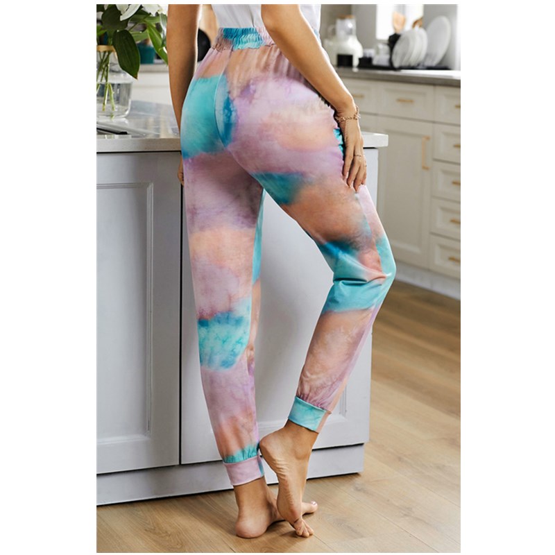 

Women' Sleep Bottomsnew style tie-dye nine-point pajamas women' outer wear high-waist lace-up slacks, Sky blue