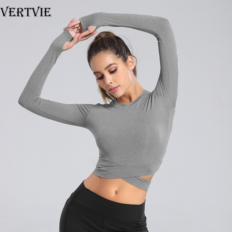 

VERTVIE Tight Seamless Yoga Shirts Women Long Sleeve Cropped Gym Tops Fitness Running Workout Sport T-Shirts Sports Wear, Style 2 grey