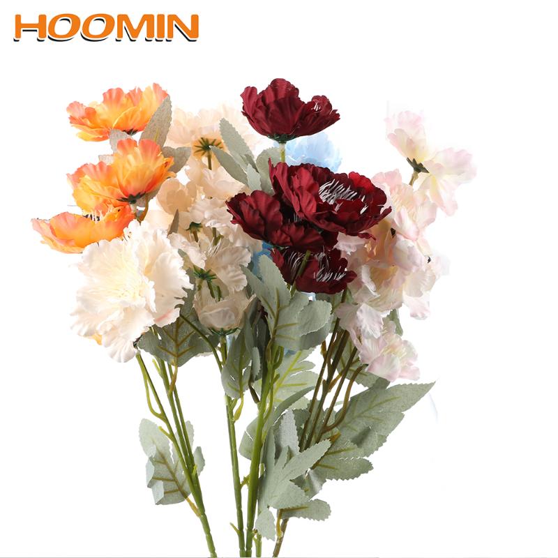 

HOOMIN Bunch Silk Artificial Flower 60cm 6 heads Silk Cloth Snow Peony Fake Flower Decor For Home wedding, Orange