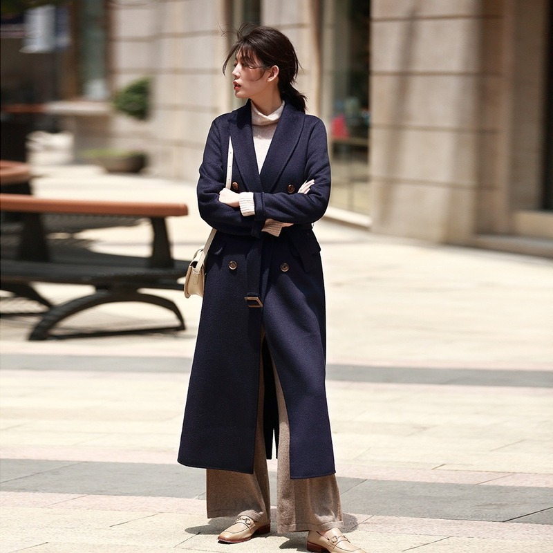 

ripple wool Water autumn and winter new thin temperament double-faced female double-breasted fashion coat, Navy