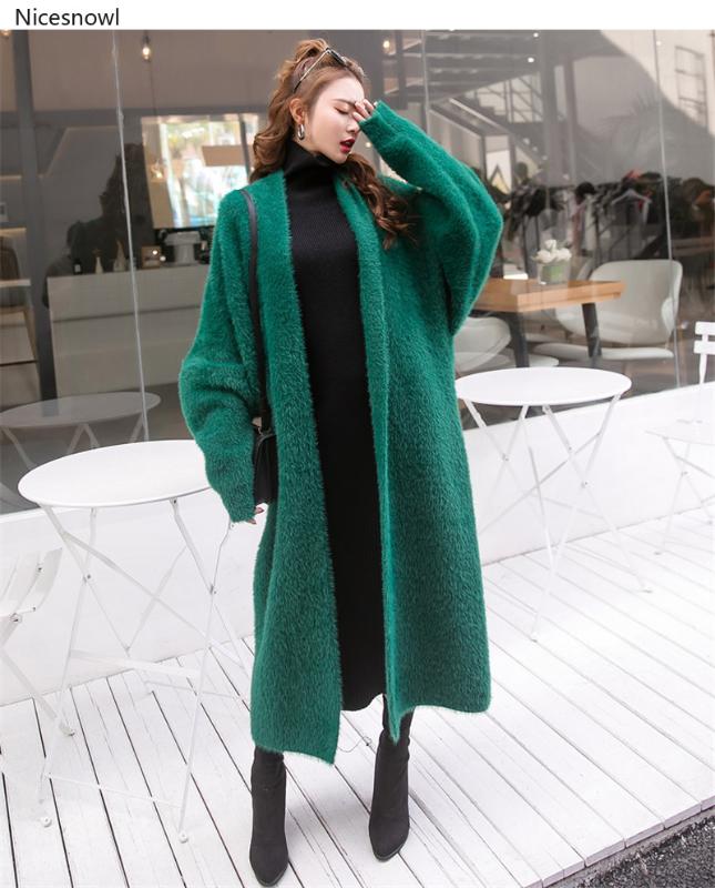

Synthetic Mink Cashmere Sweater Cardigan Women Korean Winter Coat Batwing Sleeve Knitted Long Cardigan Thick Plus Size Sweaters, Beige